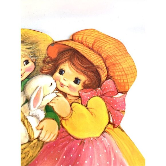 Die Cut Wall Hanging Easter Bunny Rabbits In Basket Girl Boy Double Sided Vtg - Picture 3 of 4